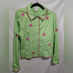 Bamboo Traders Light Green Garment Embroidered Flowers With Pink Accents